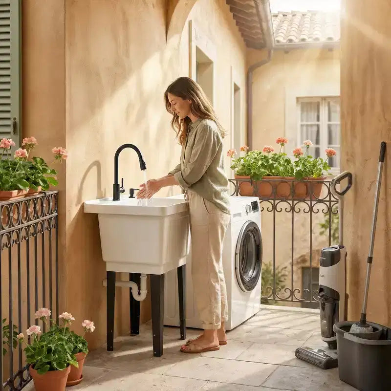 Portable Utility Sink Laundry Tub, Freestanding Laundry Sink with Faucet Soap Dispenser Hoses – Image 8