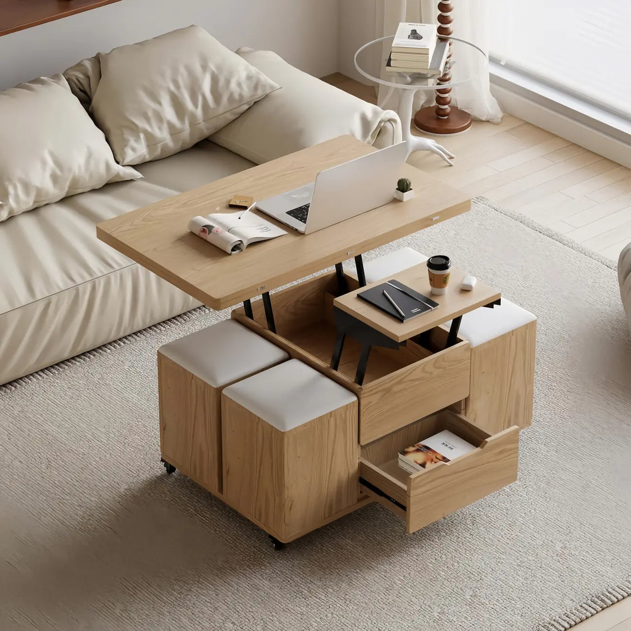 Foldable Lift-Top Coffee Table with 4 Stools & Storage – Image 42