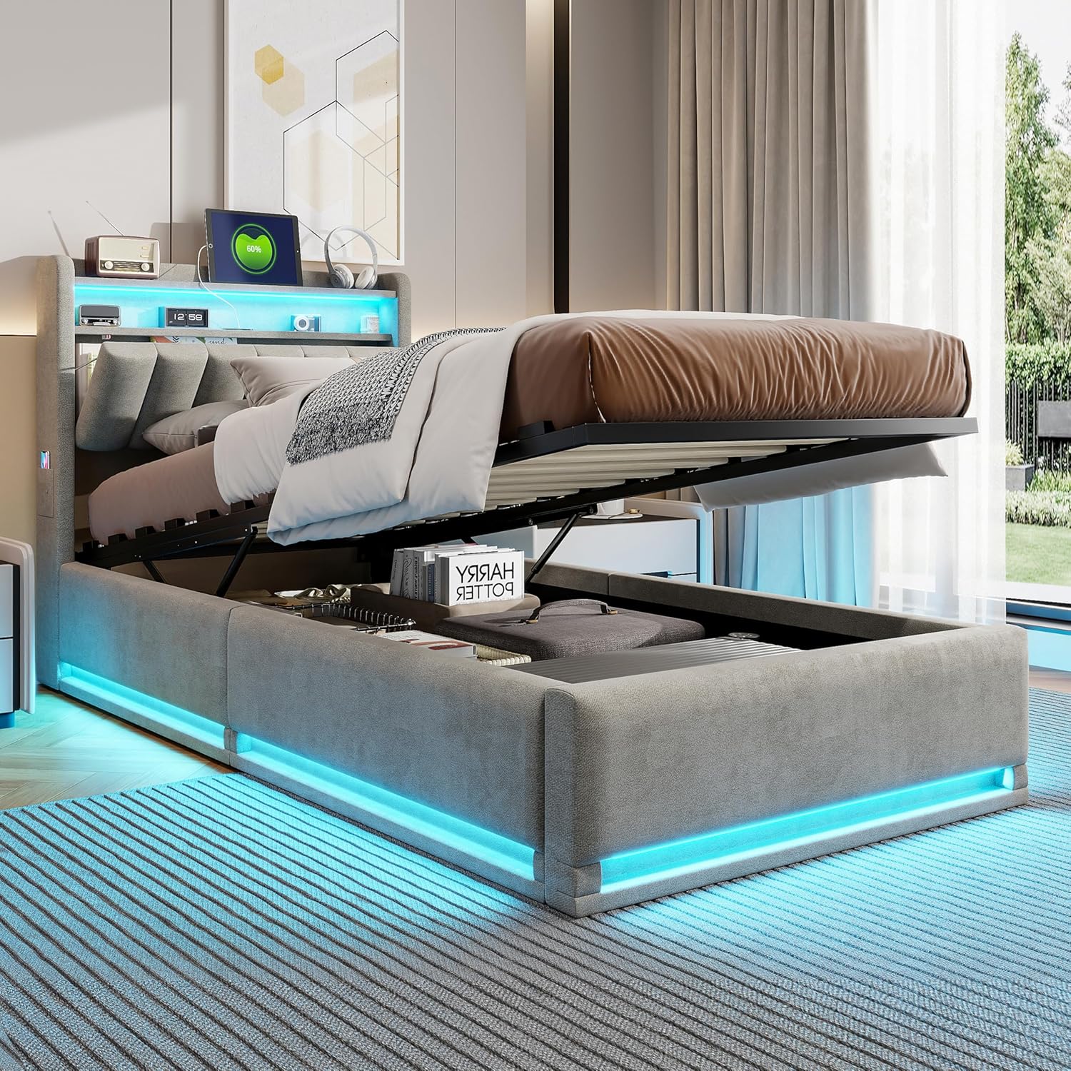 Lit Coffre 90x200 cm avec LED et Ports USB,Tête de Lits avec Rangement,Lit Double avec Sommier à Lattes, Facile à Assembler,pour Adultes et Adolescents,Velours (Gris, 90x200 cm) – Image 7