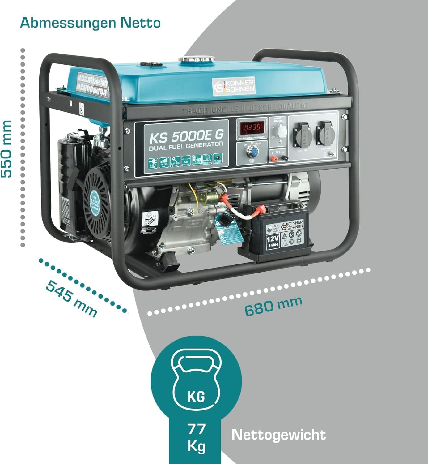 Groupe électrogène à essence/gaz KS 5000E G Könner & Söhnen, puissance maximale 4500W, démarrage manuel/électrique, prises 2x16A, 12 V, régulateur de tension automatique (AVR), affichage LED. – Image 4