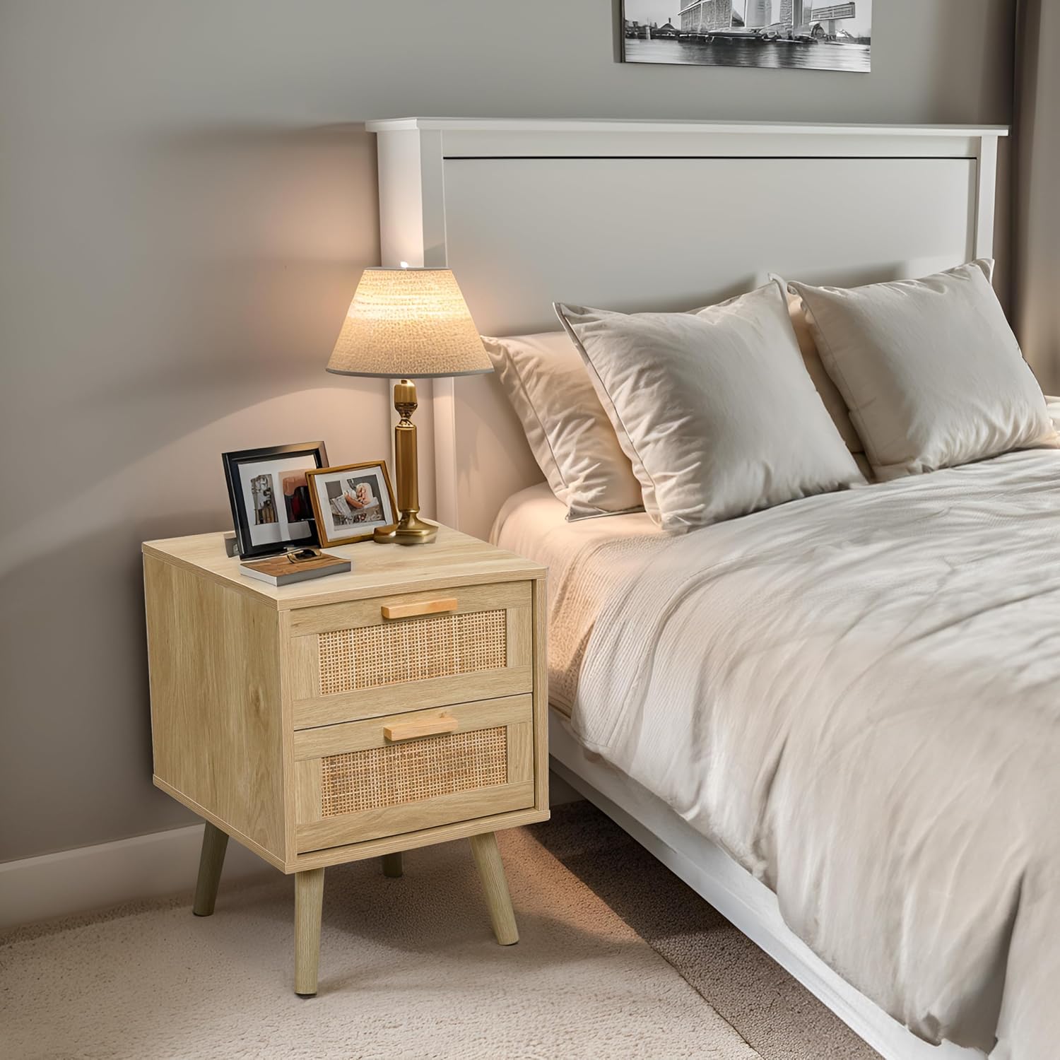 Finnhomy Lot de 2 tables de chevet, tables d'appoint avec 2 tiroirs décorés à la main en rotin, en bois, avec rangement pour chambre à coucher, naturel – Image 4