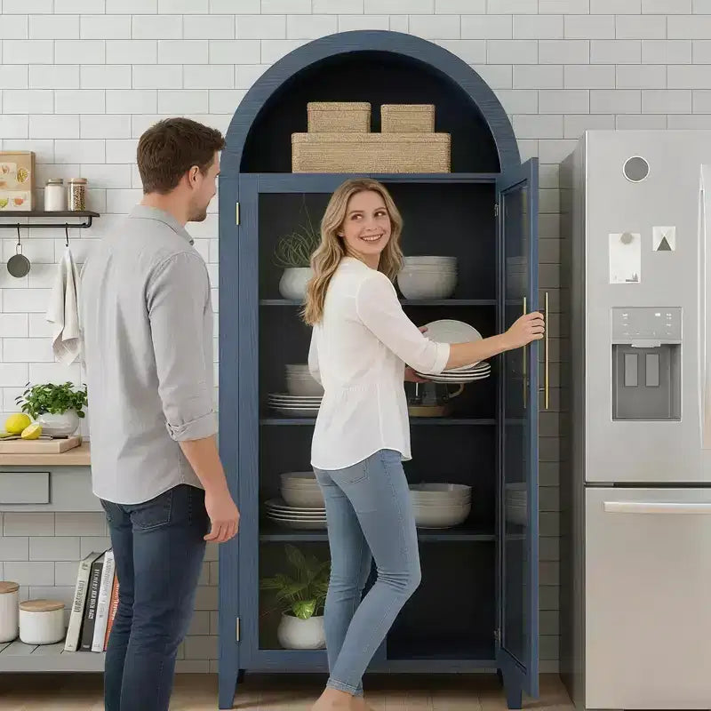 Tall Arched Storage Cabinet with Glass Doors, 5-Tier Display Bookcase with Adjustable Shelves for Kitchen or Living Room – Image 6
