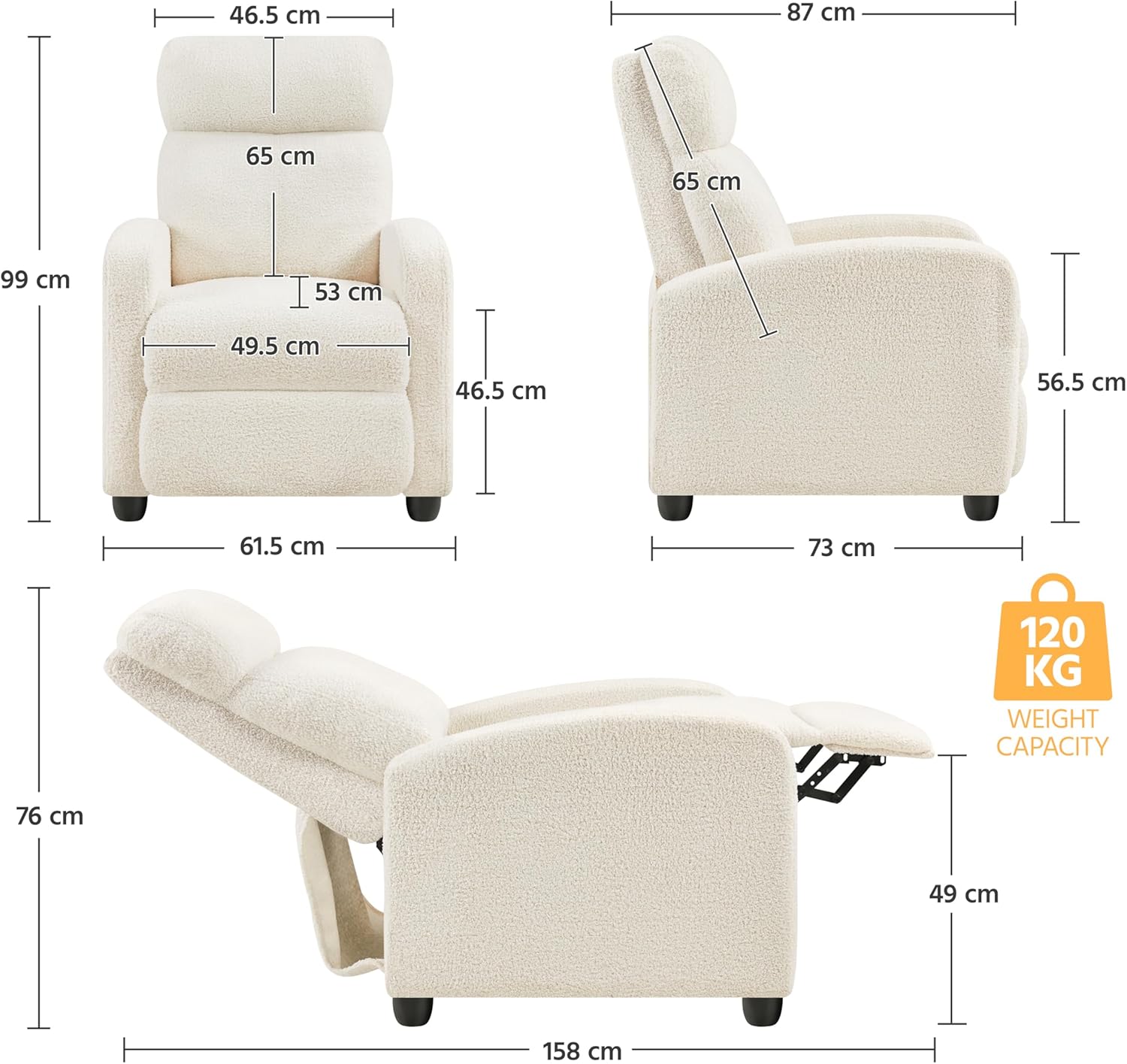 Yaheetech Fauteuil de Relaxation Chaise de Détente Siège de Canapé Fauteuil en Tissu Bouclette Doux avec Repose Pied/Chambre à Coucher/Home Cinéma/Salon Ivoire – Image 3