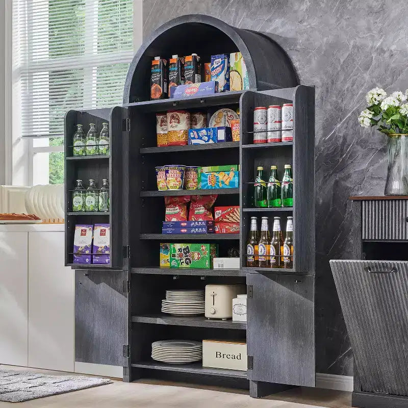 71 Tall Arched Kitchen Pantry, Modern Storage Cabinet with 3 Adjustable Shelves, 6 Door Shelves, for Kitchen, Living Room – Image 22