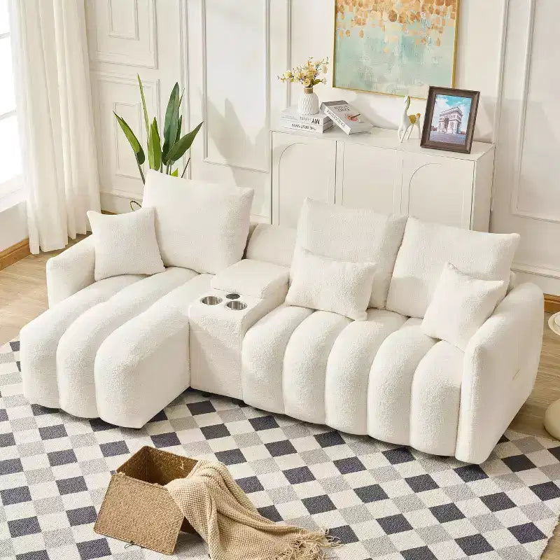 92 Teddy Fur Fabric Corner Sofa with Center Console, USB Ports & Coffee Table - White – Image 3