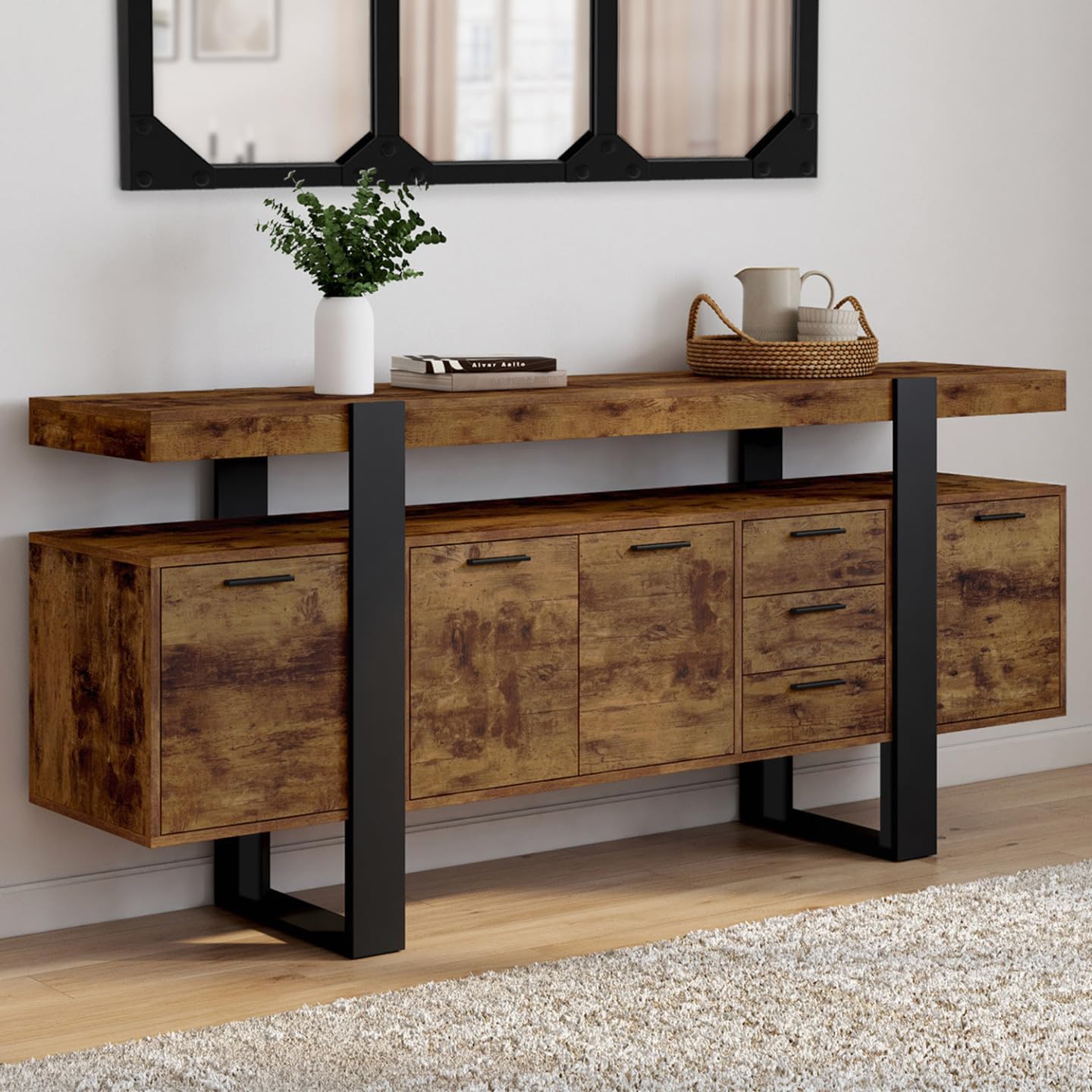IDMarket - Buffet 180 cm Phoenix XXL 4 Portes avec 3 tiroirs Bois Effet Vieilli et Noir – Image 2