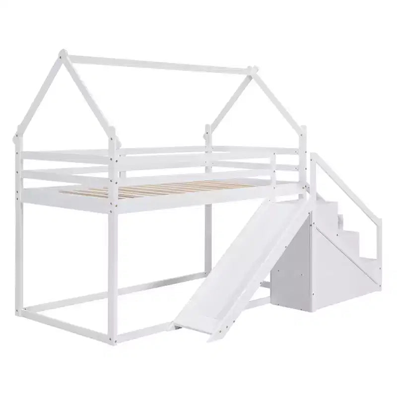 House Bunk Beds with Slide and Storage Stairs, Kids Wood Twin over Twin Bunk Bed with Roof and Stairs for Girls Boys – Image 27