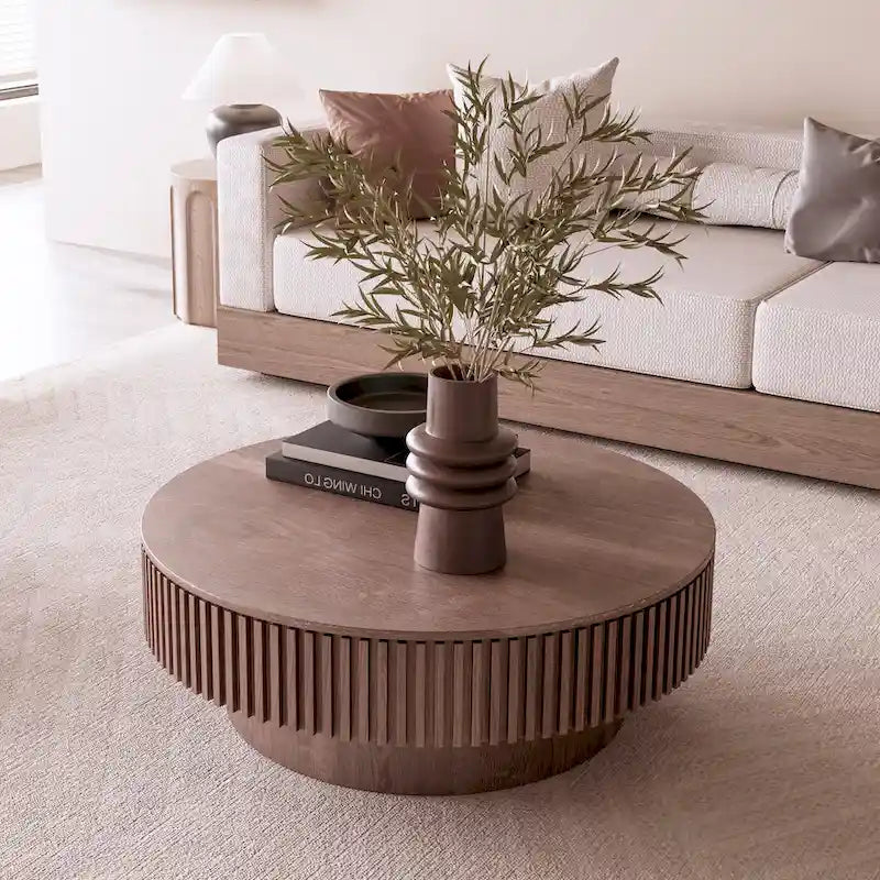 Modern Solid Wood Veneered Round Coffee Tea Table with Storage – Image 5