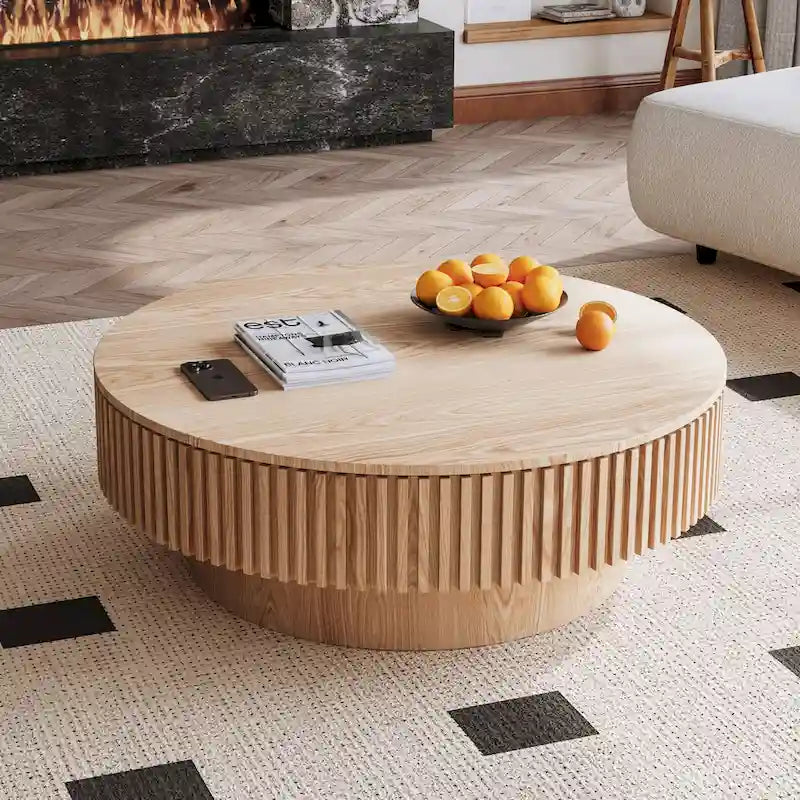 Modern Solid Wood Veneered Round Coffee Tea Table with Storage – Image 37