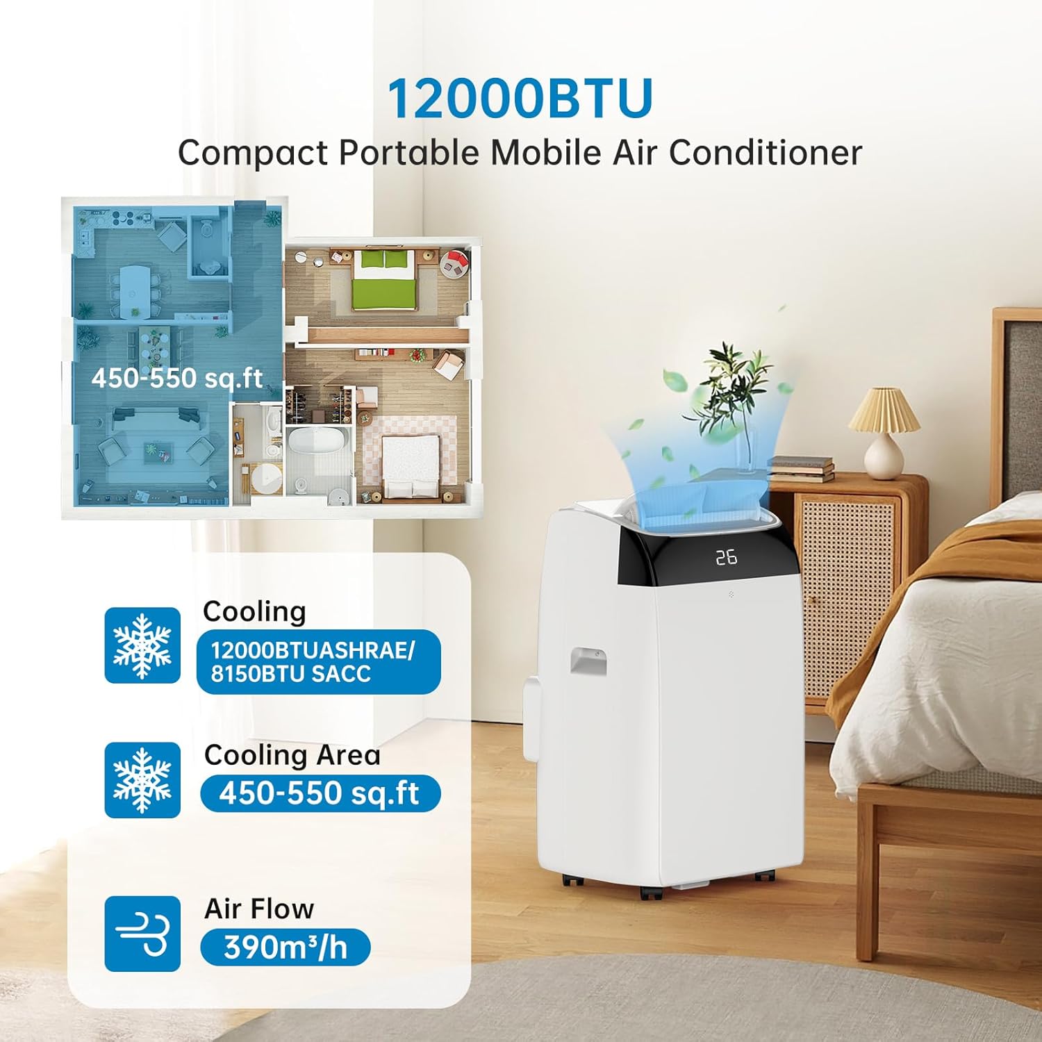 Garvee Climatiseur Mobile 12000 BTU, 4 En 1 Avec Mode Nuit, Timer 24H - Refroidit Jusqu'à 50 M² - Pour Bureau, Chambre, Camping-Car - Énergie a, Silencieux – Image 2