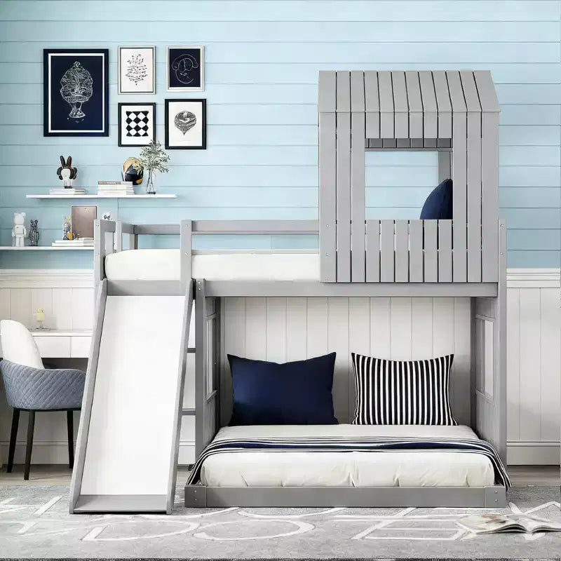 Luxystar Twin Over Full Wood Bunk Bed with Playhouse, Slide and Guardrails – Image 8