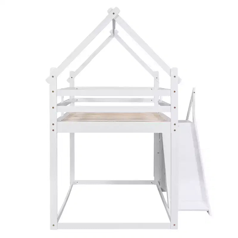 House Bunk Beds with Slide and Storage Stairs, Kids Wood Twin over Twin Bunk Bed with Roof and Stairs for Girls Boys – Image 23