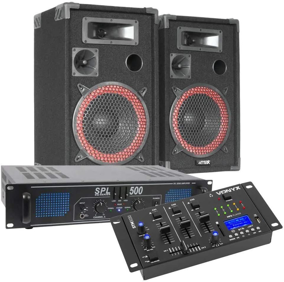 VONYX SKYTEC Kit DJ Complet - Enceinte 500W, Amplificateur Puissant 2X 250W avec Table de Mixage