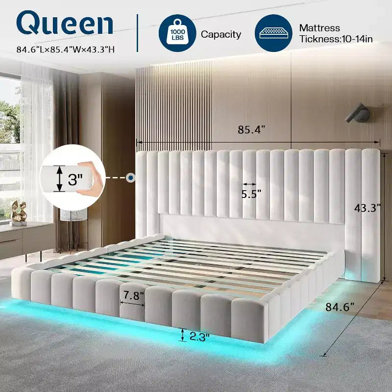 AMERLIFE Upholstered Platform Bed with LED Lights, Floating Design, Solid Slat Support – Image 2