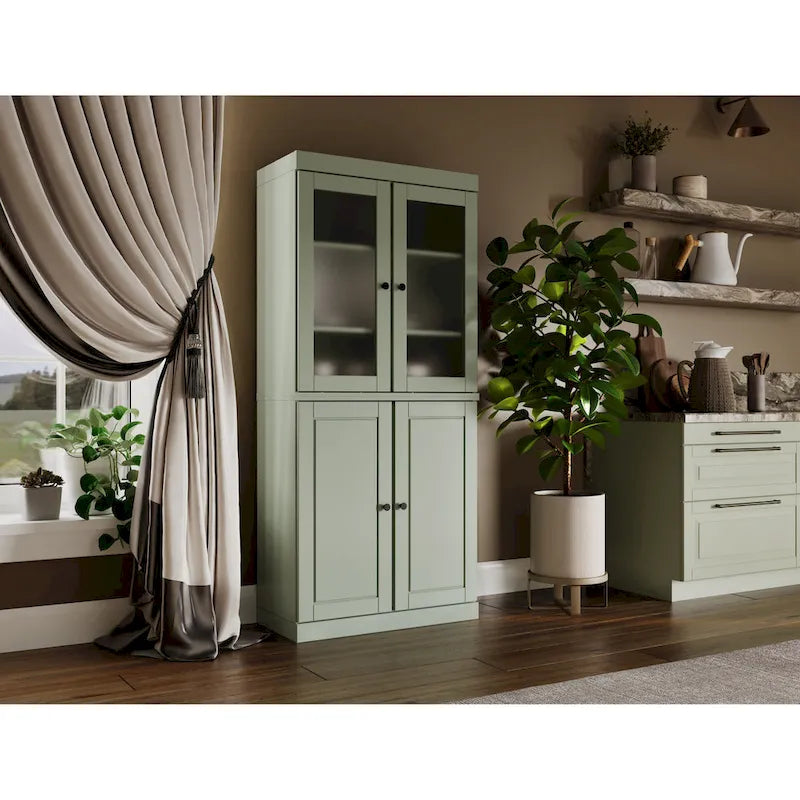 100% Solid Wood Pantry Cabinet with Frosted Glass Doors, Solid Doors, 2-Drawers and Adjustable Shelves – Image 21