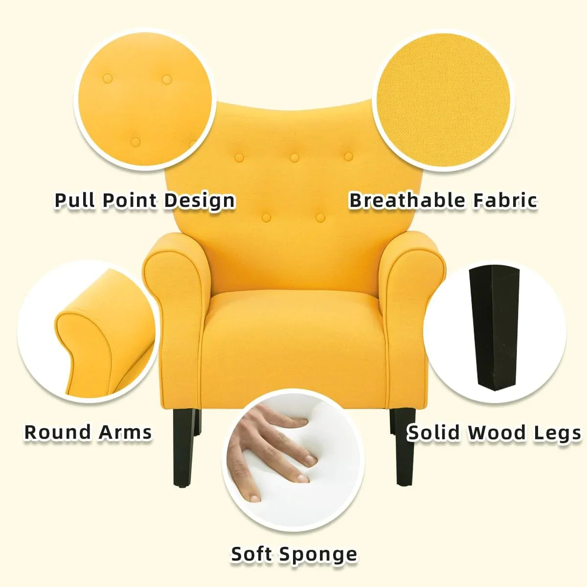 Erommy Modern Accent Chair, High Back Armchair, Upholstered Fabric Button Single Sofa with Wooden Legs for Living Room – Image 7