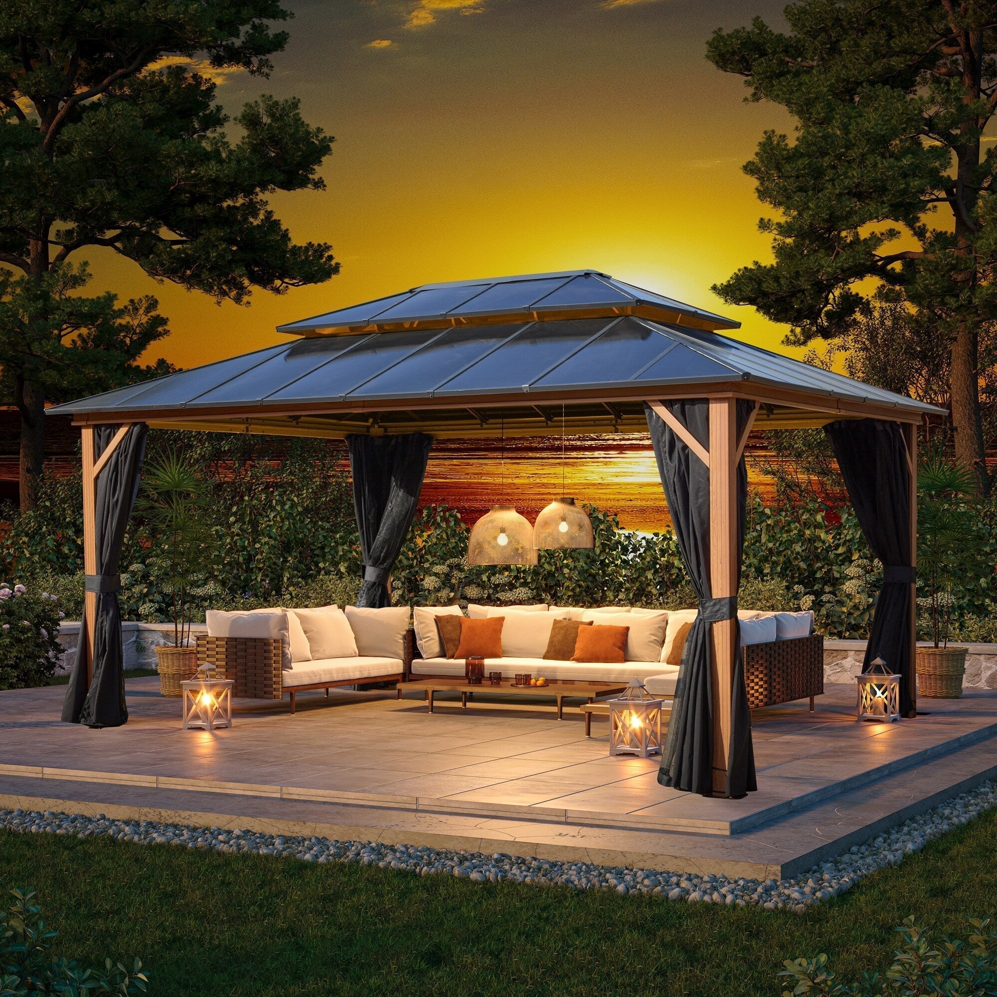 EROMMY Hardtop Gazebo,Outdoor Pergola with Double Roof & Netting & Curtains,Heavy Duty Canopy for Patio, Backyard, Pool party – Image 125