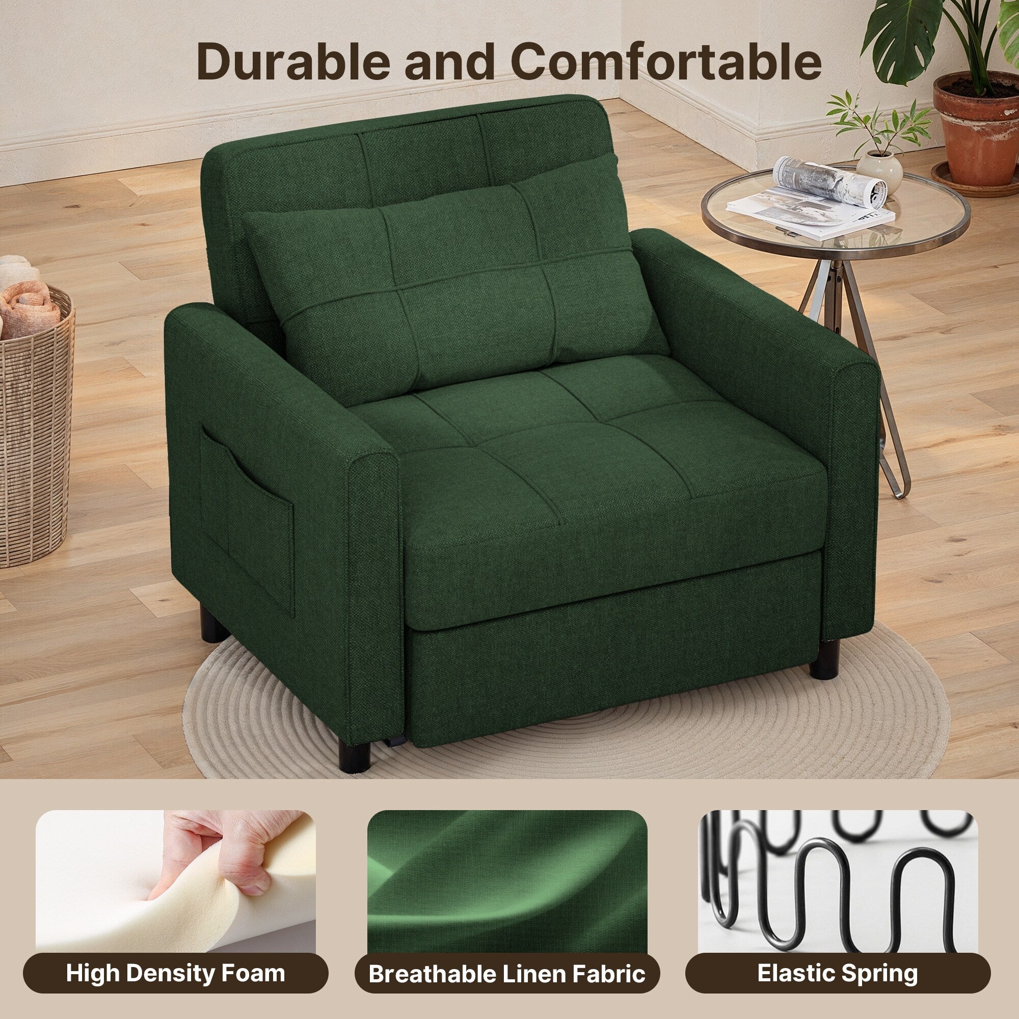 3-in-1 Adjustable Sleeper Sofa Bed, Pull Out Chair Sofa, Convertible Folding Bed for Living Room – Image 15