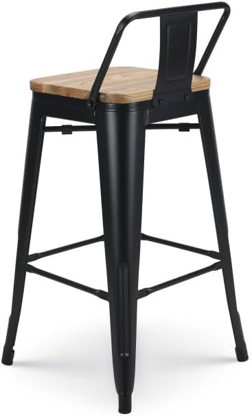Kosmi Lot de 4 tabourets de Bar en métal Noir Mat Style Industriel avec Dossier et Assise en Bois Clair - Hauteur 66cm – Image 7