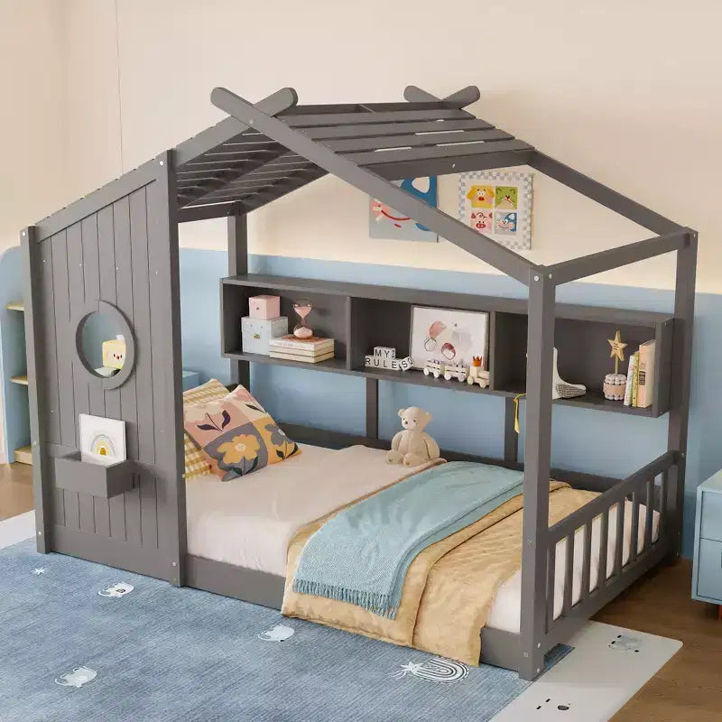 Polibi Floor House Bed with Built-In Storage Shelves & Slatted Roof
