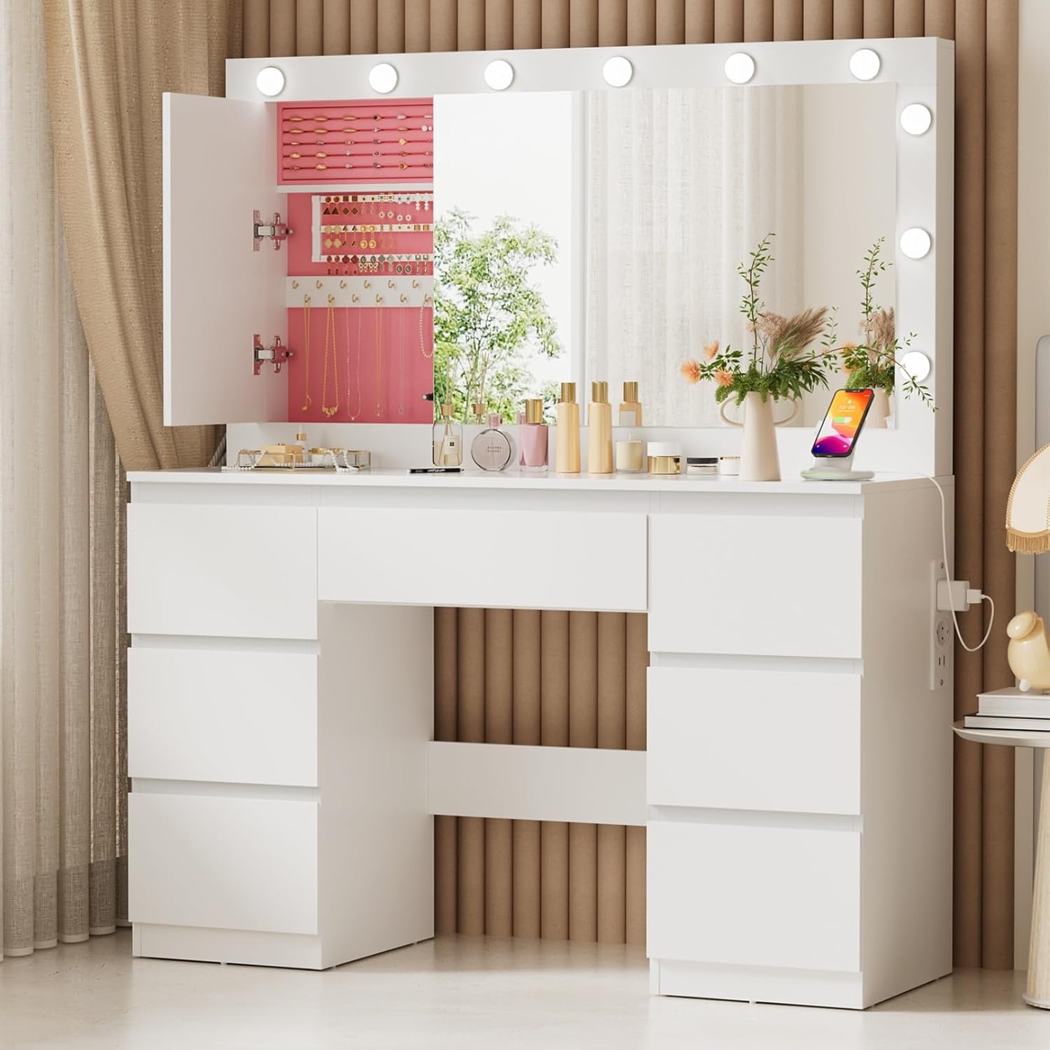 TRIUMPHKEY Coiffeuse avec Grande Miroir et Multiprise, 12 Ampoules LED Réglables, Table de Maquillage avec 7 Tiroirs, Rangement de Bijoux, 120x40x140cm Grande Commode Moderne Blanc