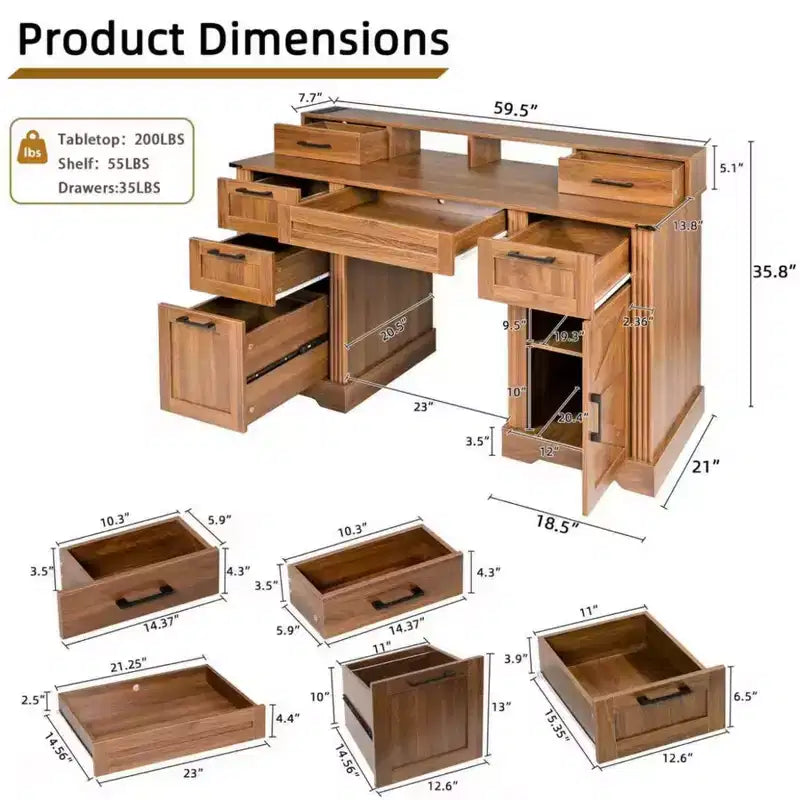 59 Executive Desk with 6 Drawers, Wooden Computer Desk with File Drawer & Charging Station, Home Office Desk Conference Table for Home Office – Image 4