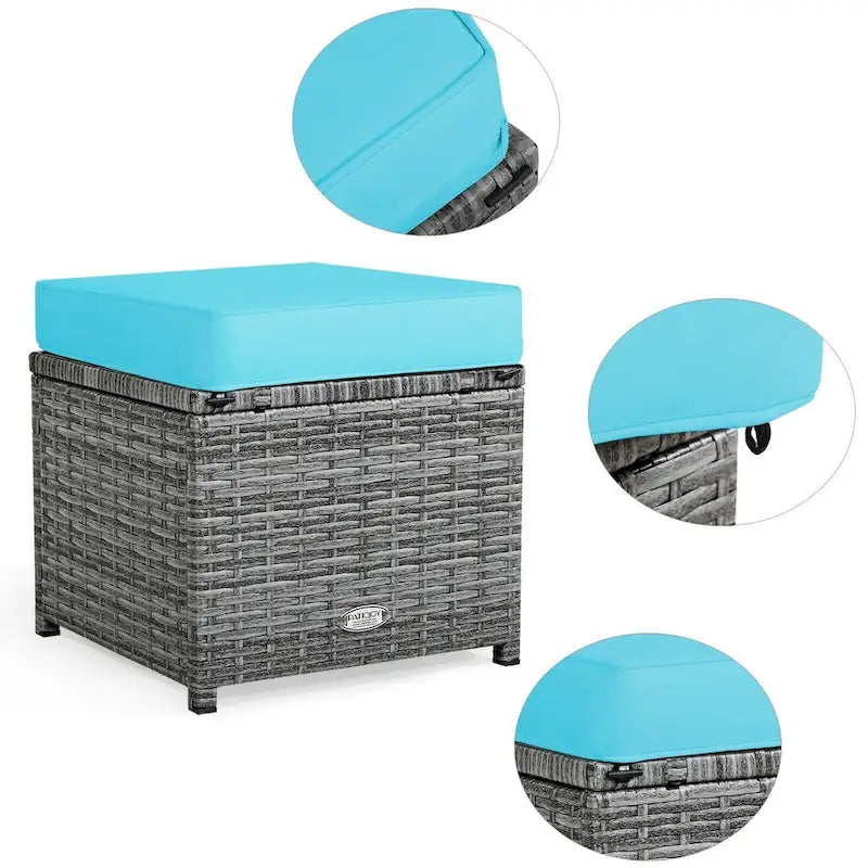 7 Pcs All-Weather Patio Rattan Dining Furniture Sectional Sofa Set with Wicker Ottoman and Cushed Couch – Image 23