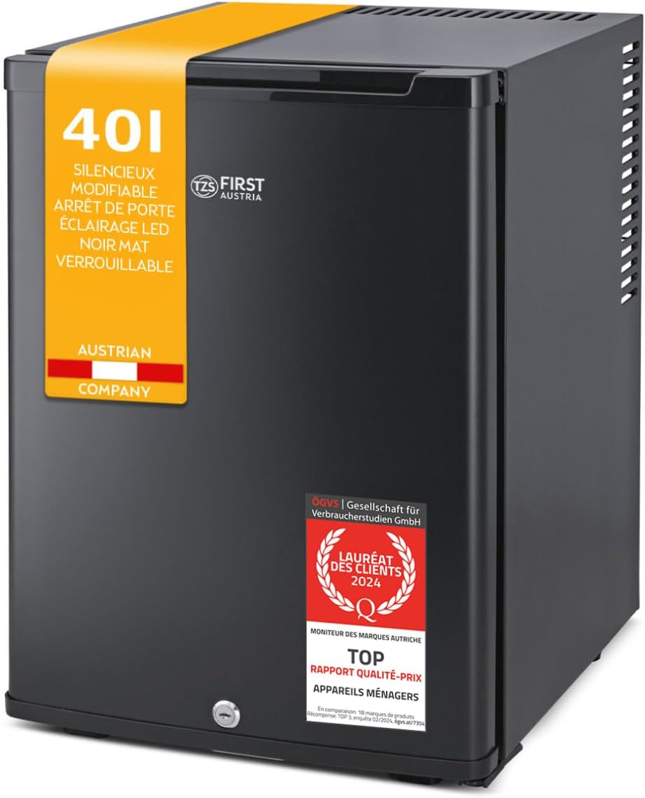 TZS First Austria - Mini réfrigérateur 40L silencieux avec serrure - Petit mini-frigo avec porte réversible et lumière intérieure - Minibar pour camping, bureau, chambre & hôtel - Noir mat