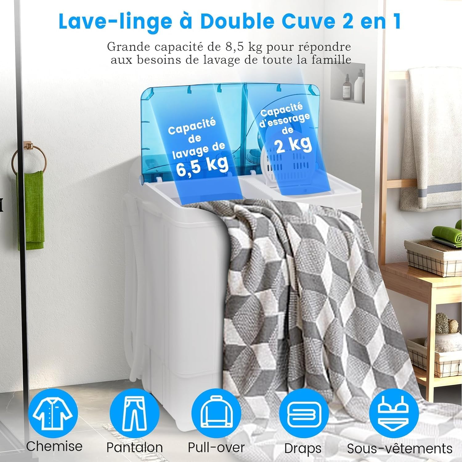 RELAX4LIFE Mini Machine à Laver à 2 Cuves Capacité 8,5 KG, Lave-Linge Semi-Automatique avec Minuteur & Essoreuse, Lave-Linge Portable Compact pour Appartement Dortoir Maison (Bleu | 8,5 KG) – Image 2