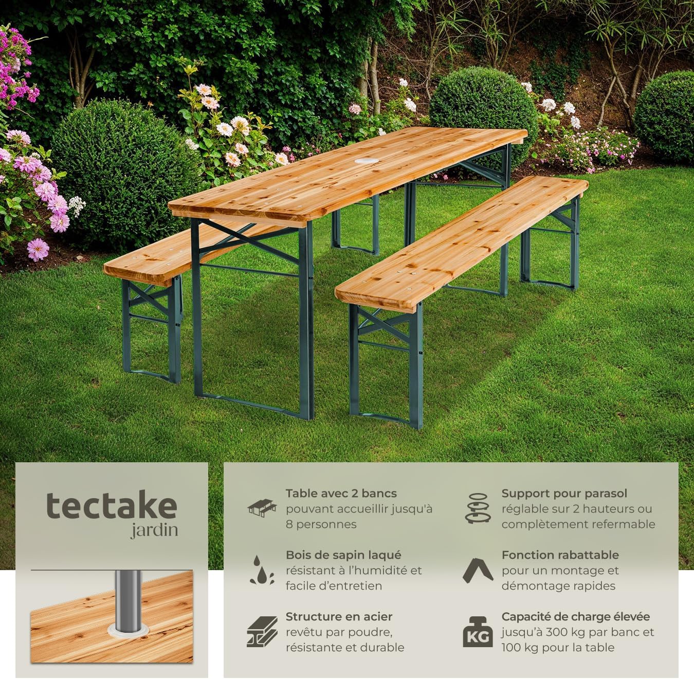 tectake® Ensemble de Table extérieure et Banc en Bois de Brasserie 3 pcs. Salon de Jardin Pliable & Peu encombrant, avec Support Parasol, Mobilier Solide pour Pique Nique Réceptions Barbecue Mariage – Image 2