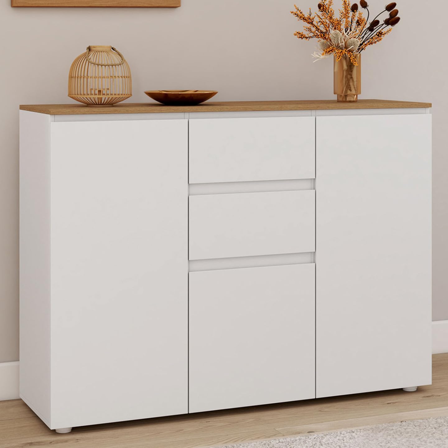 IDMarket - Buffet 100 cm Toby 3 Portes 2 tiroirs Blanc et Plateau Bois – Image 2