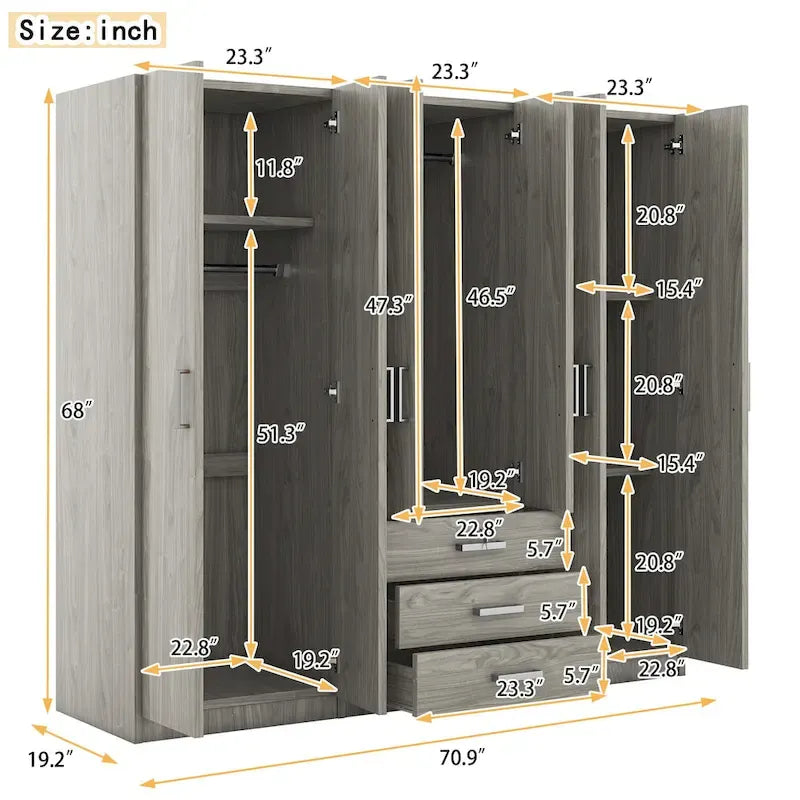 6-Doors Wooden Wardrobe Storage with 3 Big Drawers for Bedroom – Image 20