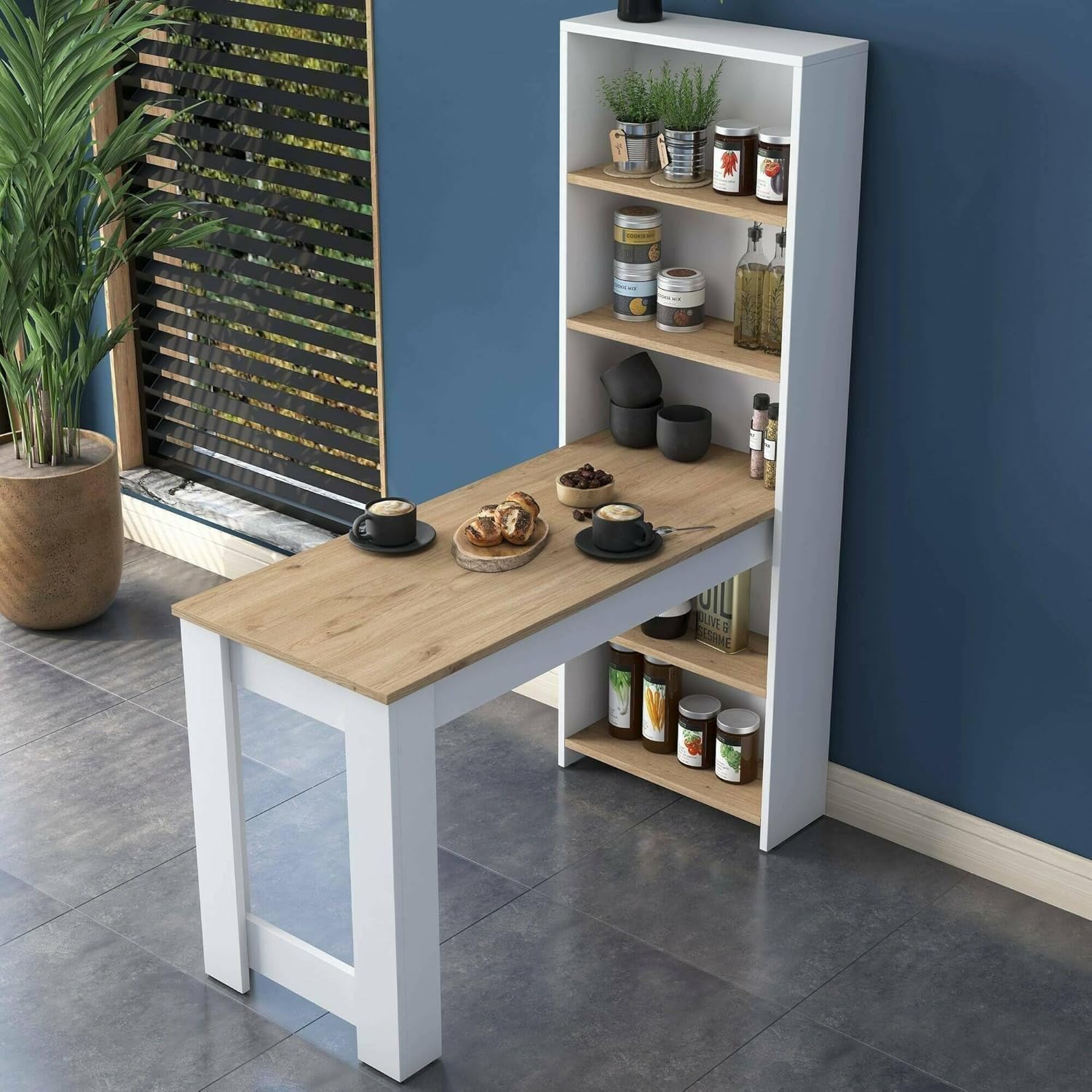 Dmora - Table Fixe Talitha, étagère de Cuisine, Console pour Salle à Manger, étagère rectangulaire Fixe, 120x54h154 cm, Noyer et Blanc