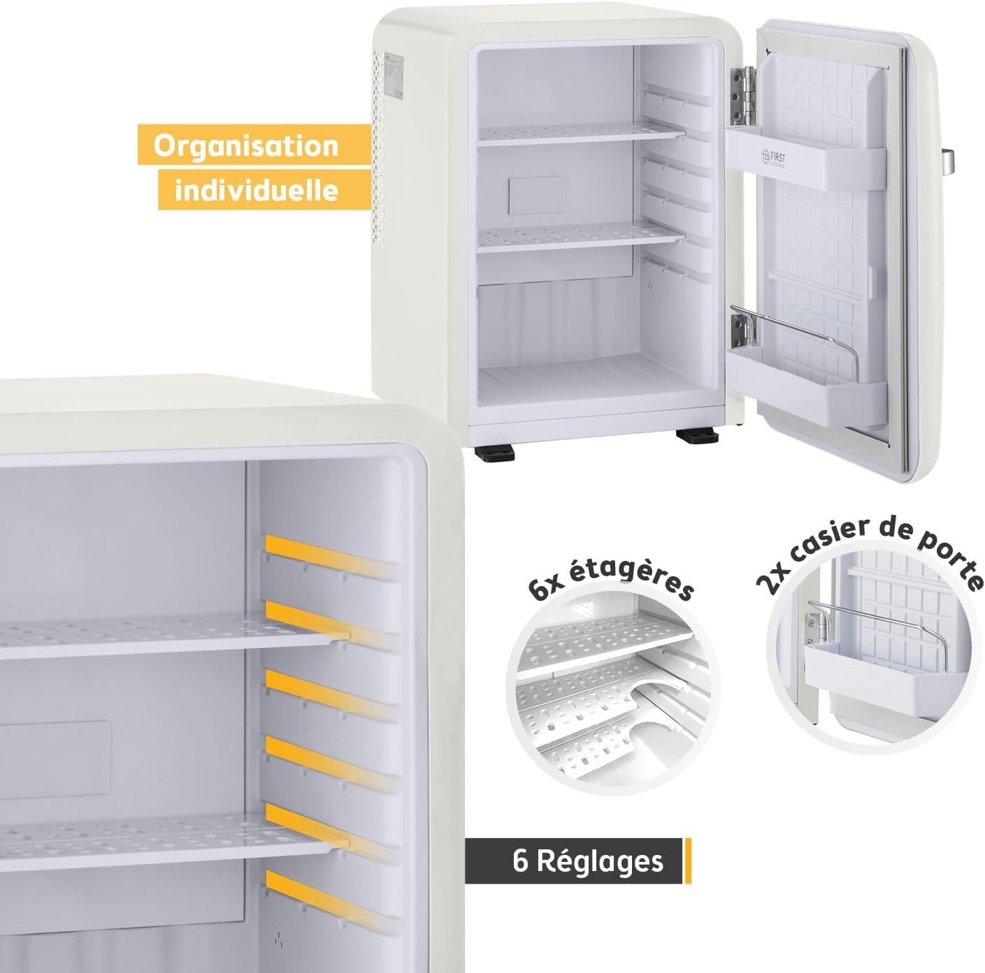 TZS First Austria - Mini Réfrigérateur Rétro 40L silencieux - Petit Minifrigo design vintage avec lumière intérieure et 2 compartiments de porte - Minibar pour camping, bureau, chambre & hôtel - Crème – Image 4