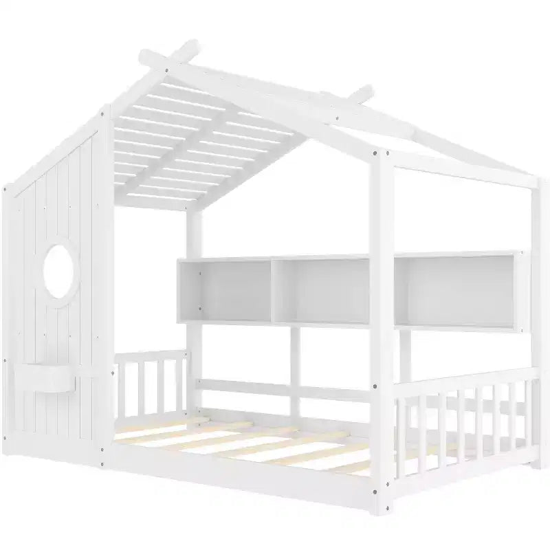 Polibi Floor House Bed with Built-In Storage Shelves & Slatted Roof – Image 12
