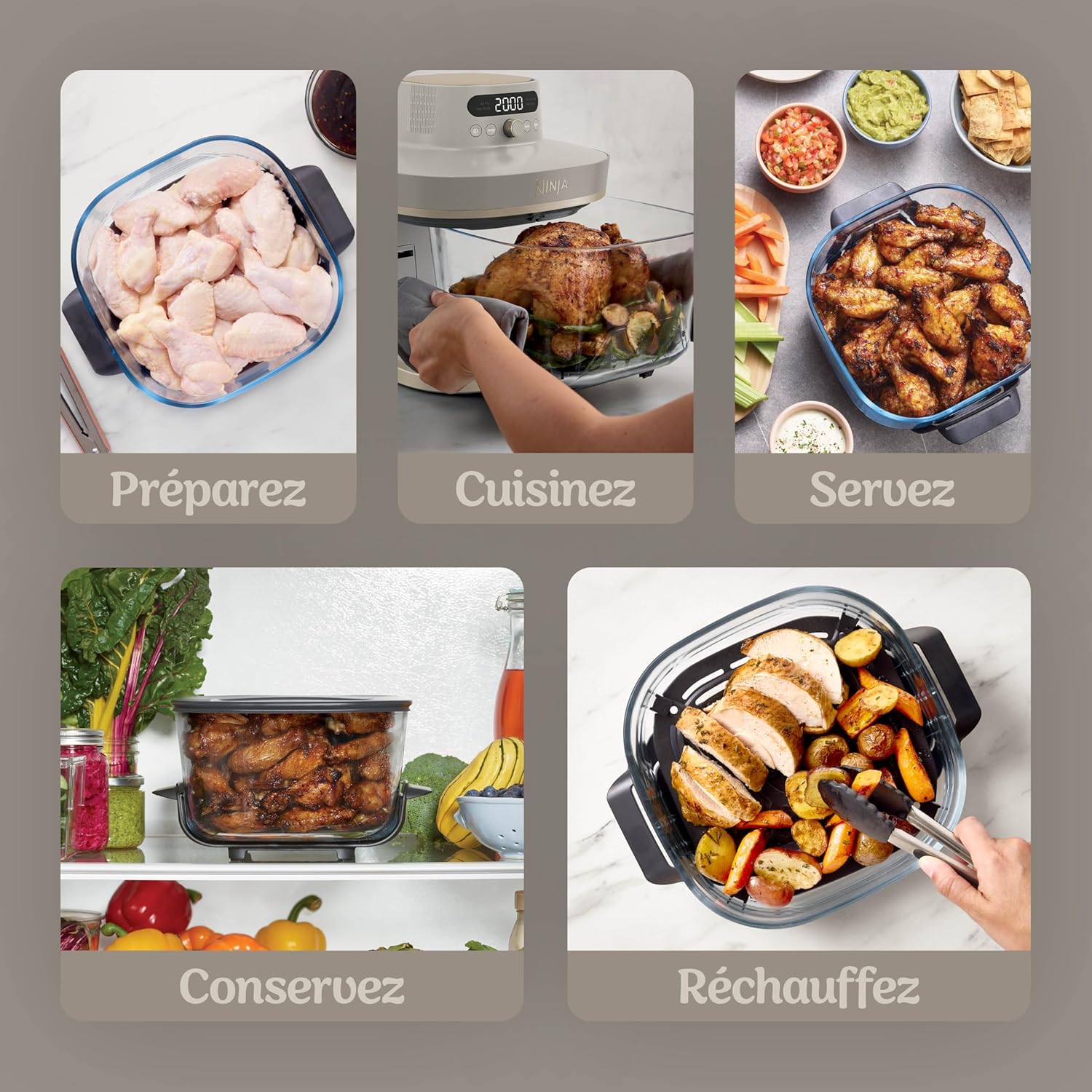 Ninja CRISPi PRO XL, Friteuse sans huile en verre, 5 modes de cuisson prédéfinis, avec contenants en verre CleanCrisp de 5,7 l et 2,3 l, couvercles de rangement, Stone/Or AS090EUSD – Image 10