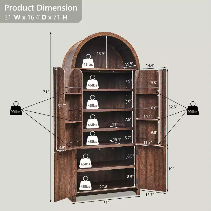 71 Tall Arched Kitchen Pantry, Modern Storage Cabinet with 3 Adjustable Shelves, 6 Door Shelves, for Kitchen, Living Room – Image 24