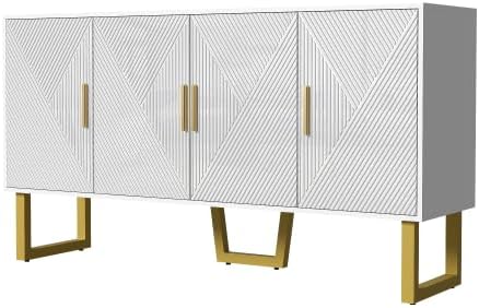 Buffet Salon Blanc Moderne avec 4 Portes Texturées, Façade Brillante, Poignées Dorées, Meuble Elégant, 150x40x82cm – Image 3