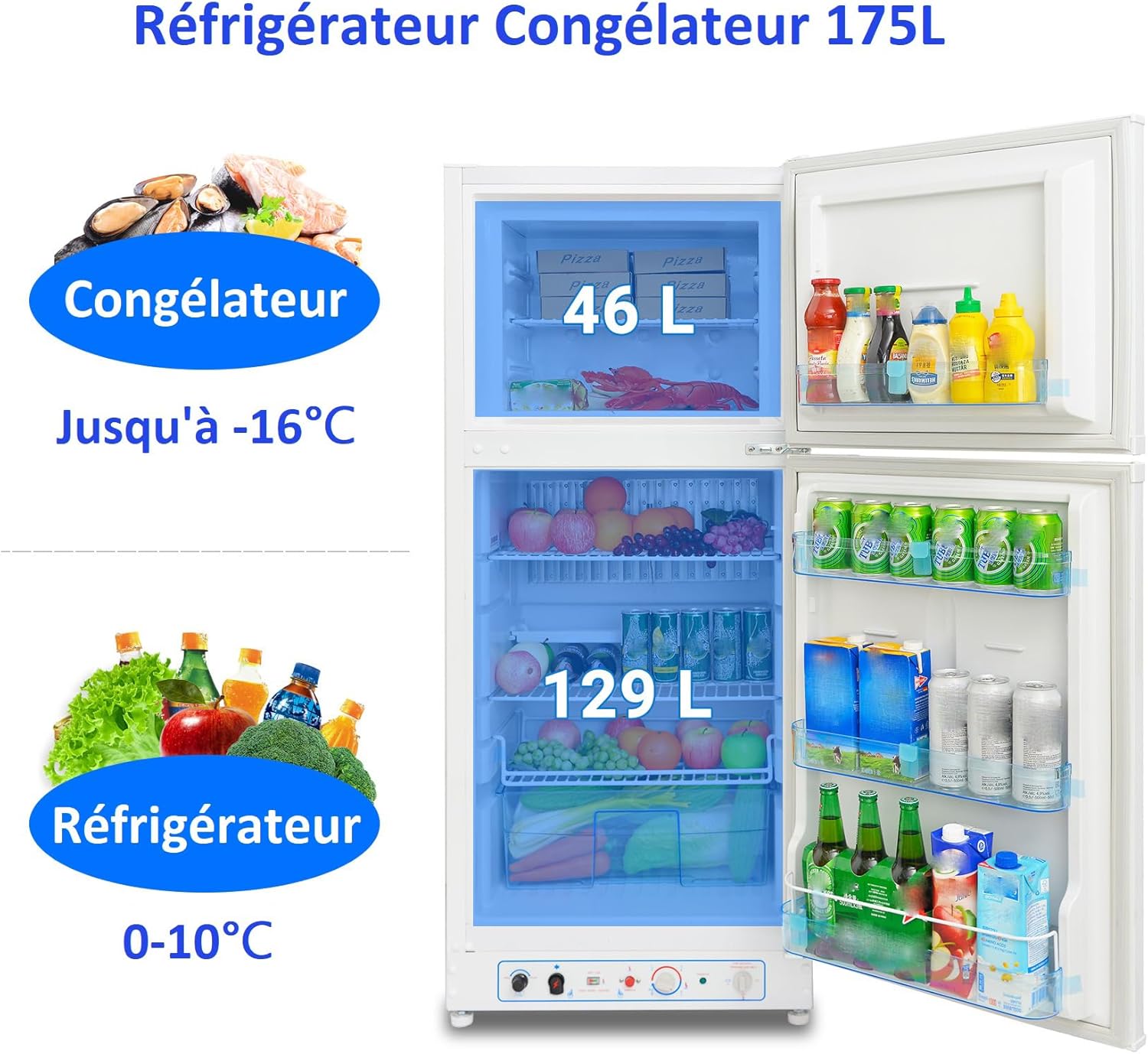 Frigo Congélateur Gaz/220V, Frigo Congélateur Combiné 175 litres (129+46), Réfrigérateur Congélateur Camping Gaz, Silencieux pour Gîte, Garage, Cabanon, Chalet, Mobile-home, Blanc – Image 2