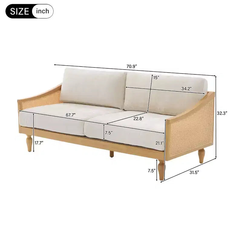 Mid-century Loveseat Sofa with Soft Upholstery, Rattan Armrests & Wooden Legs, 2-Seater Sofa for Living Room, Bedroom, or Apartment-Panipeachy – Image 12