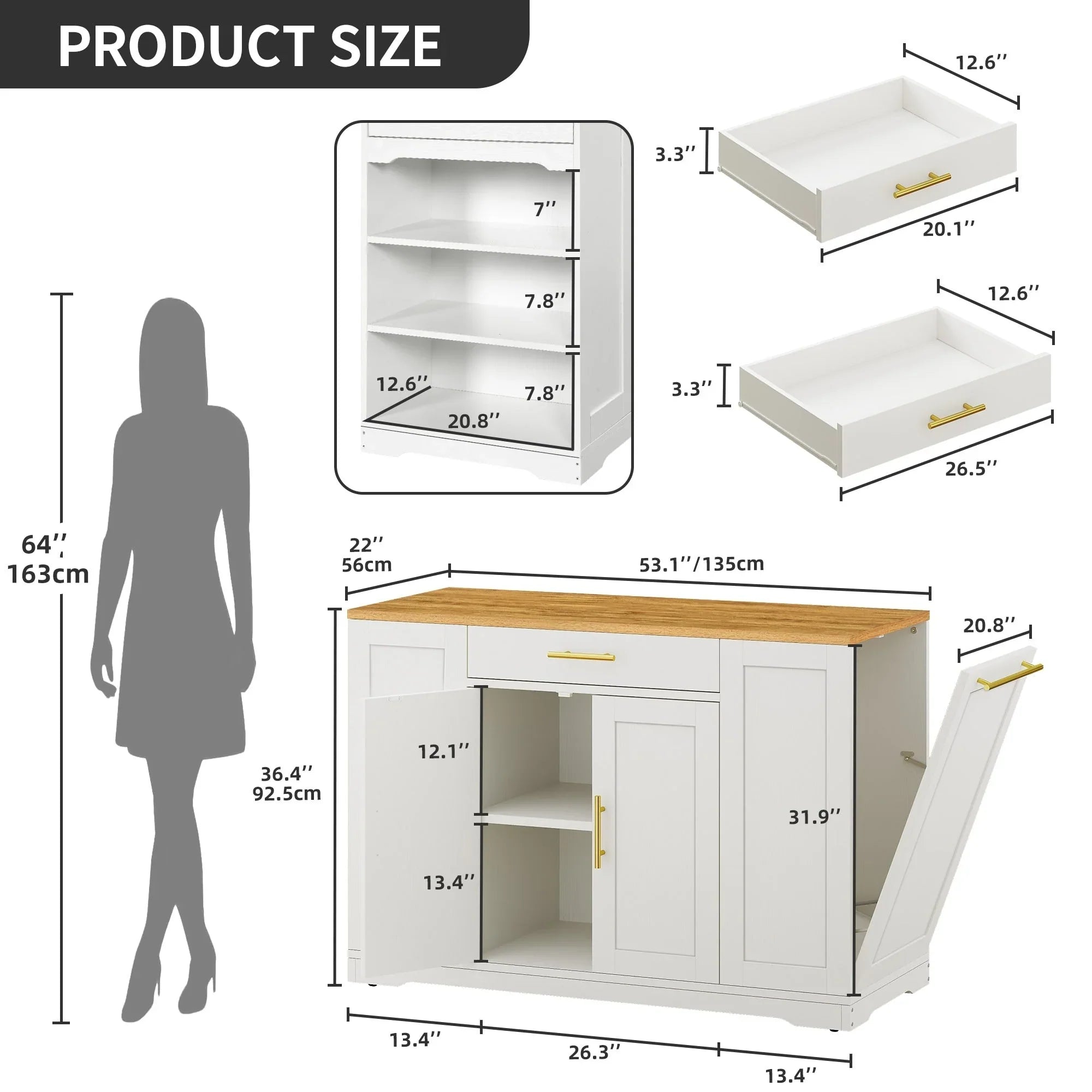 Moasis 53-inch Rolling Kitchen Island Storage Cabinet Portable Mobile Kitchen Cart – Image 13