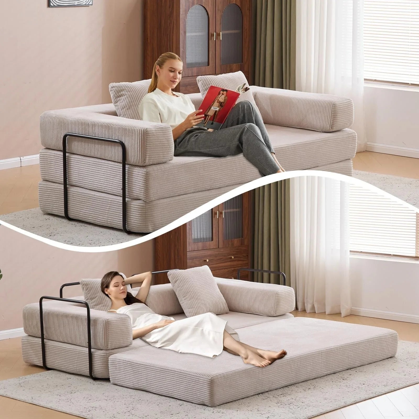 Convertible Floor Sofa Bed with Pillow Back Chenille Fabric for Living Room Bedroom – Image 3