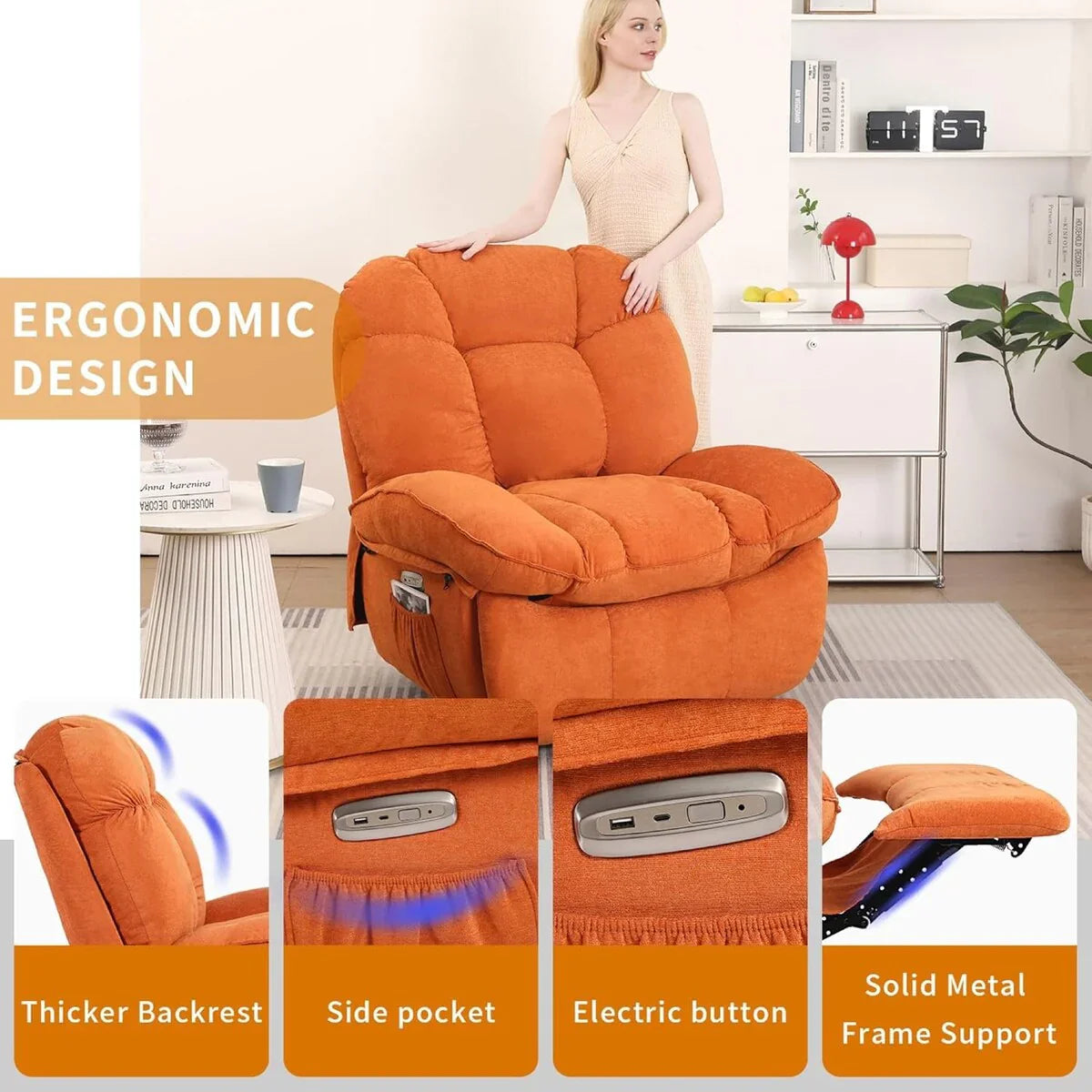 XINMICS Swivel Power Recliner Chair, Massage Rocker Recliners with Heated ,USB, USB-C and Side Pocket – Image 12