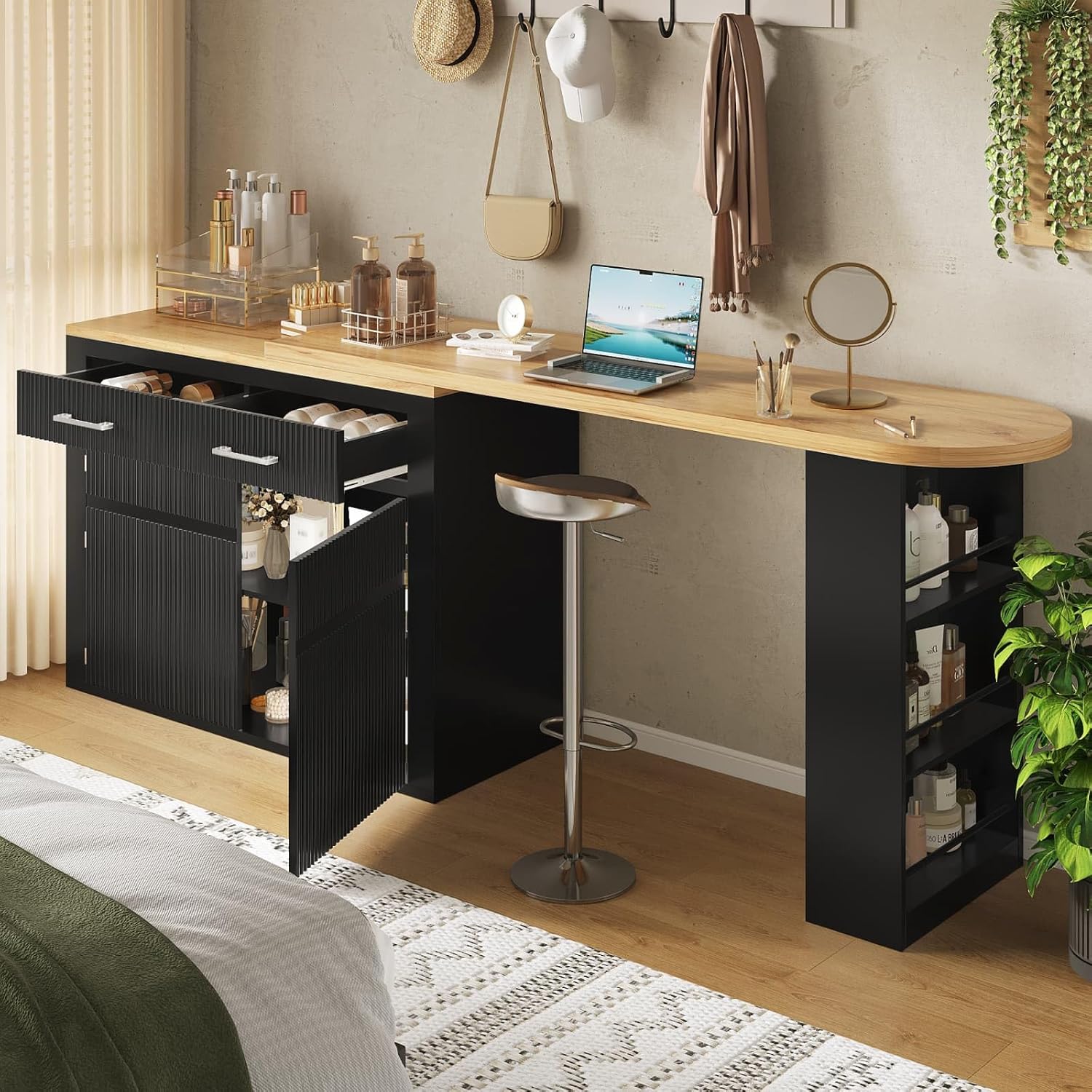 KOMHTOM Table de Bar Extensible avec Espace de Rangement, Meuble Bar avec 2 Portes en Verre, Rotation Libre à 360 °, étagères latérales (Noir-3) – Image 4