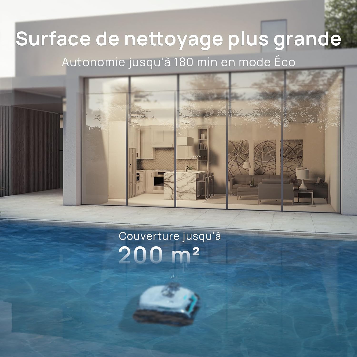 WYBOT (Nouveau Modèle) Robot Piscine sans Fil C2 Vision-A avec caméra IA, Filtration Ultra-Fine, Forte Aspiration, Nettoyage Fond/parois & Ligne d’Eau, Navigation Intelligente – Blanc – Image 9