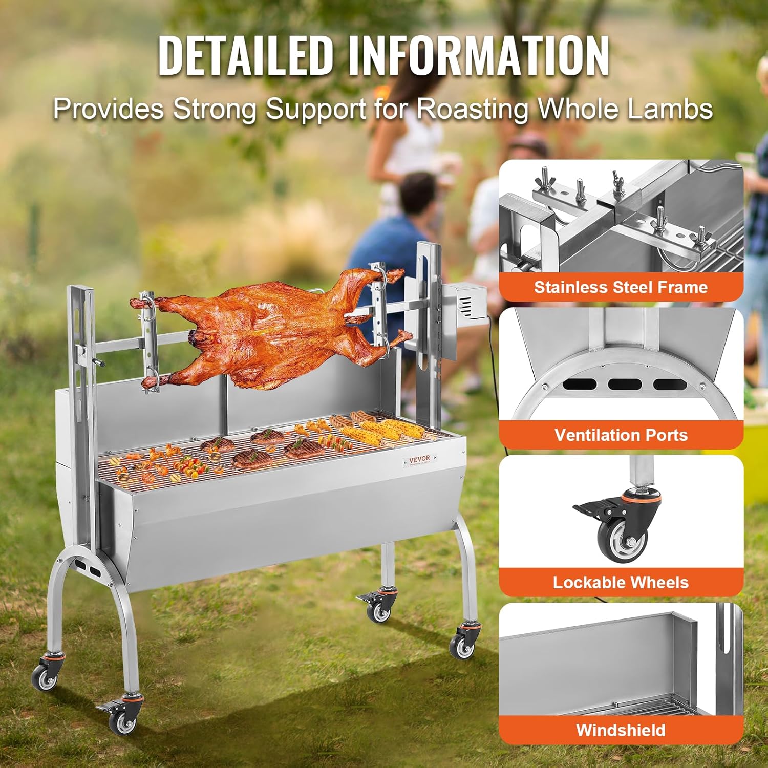 VEVOR Barbecue à Charbon avec Tournebroche Électrique 52 W Charge 90 kg, Rôtissoire Barbecue 118,5 cm, en Inox, avec Pare-Brise et Roues Verrouillables, pour Rôtir Agneau Porcelet Poulet Camping – Image 6