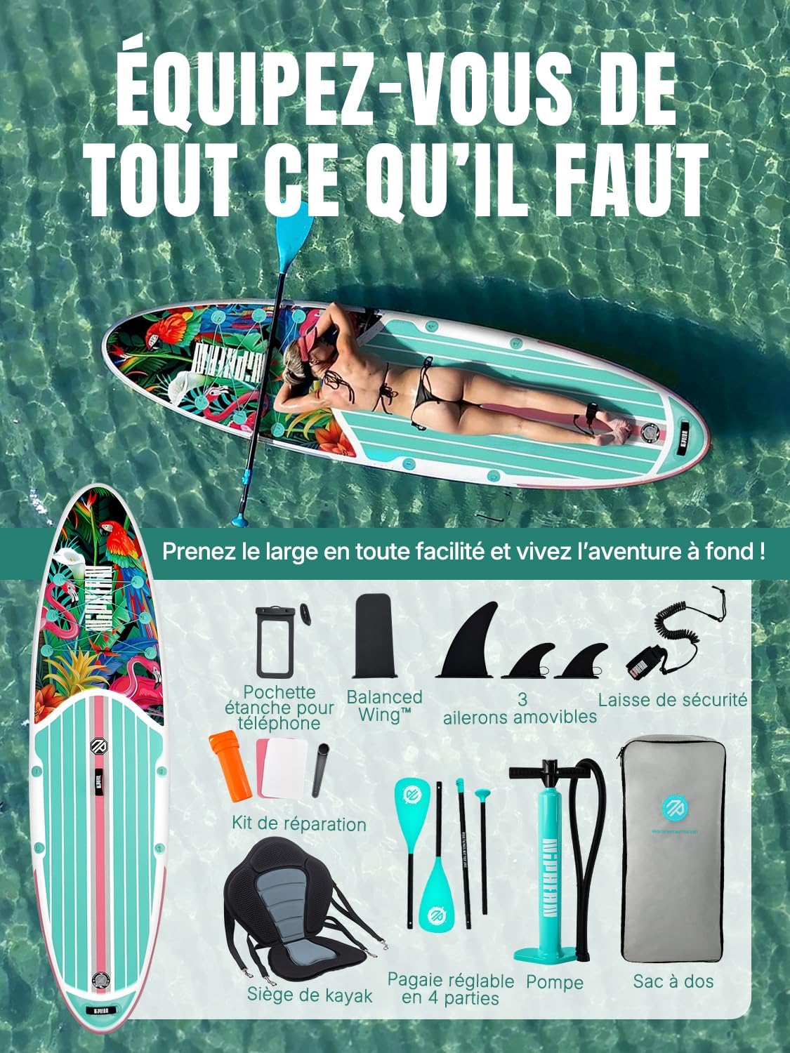 Niphean Paddle Gonflable Adulte avec Tous Les Accessoires, 320cm Planches de Stand Up Paddle Gonflables pour Tous Les Niveaux, Sup avec Capacité 200 kg pour 2 Personnes, Paddle Gonflable avec Siège – Image 6