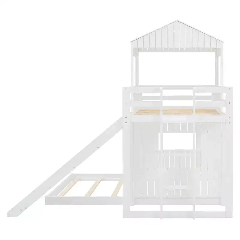 Luxystar Twin Over Full Wood Bunk Bed with Playhouse, Slide and Guardrails – Image 6