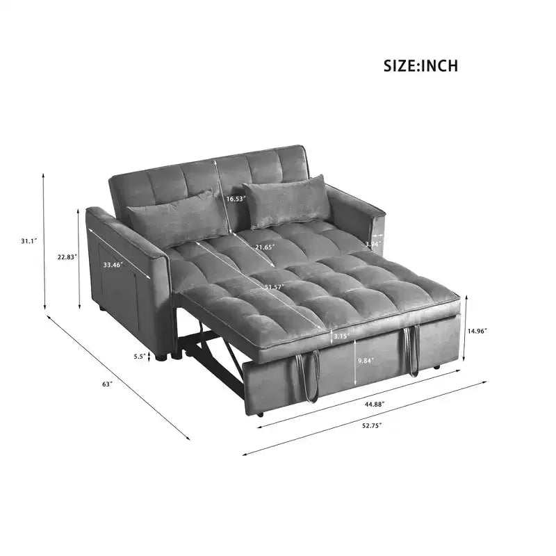 Cement Gray 3 in 1 Velvet Convertible Sleeper Sofa Bed with Pillows and Pockets, Modern Pull Out Couch Bed, Adjustable Backrest – Image 18