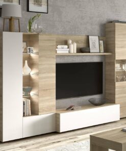 Habitdesign Modèle Essential Meuble TV compact 260 cm, finition chêne canadien et blanc brillant, dimensions : 185 x 260 x 42 cm H x l x P .